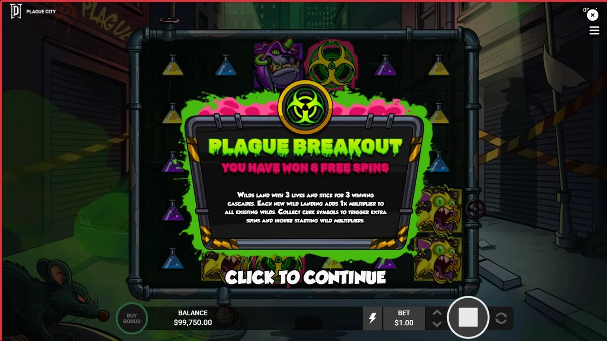 Tampilan visual slot Plague City dengan tema laboratorium apokaliptik dan elemen horor medis.