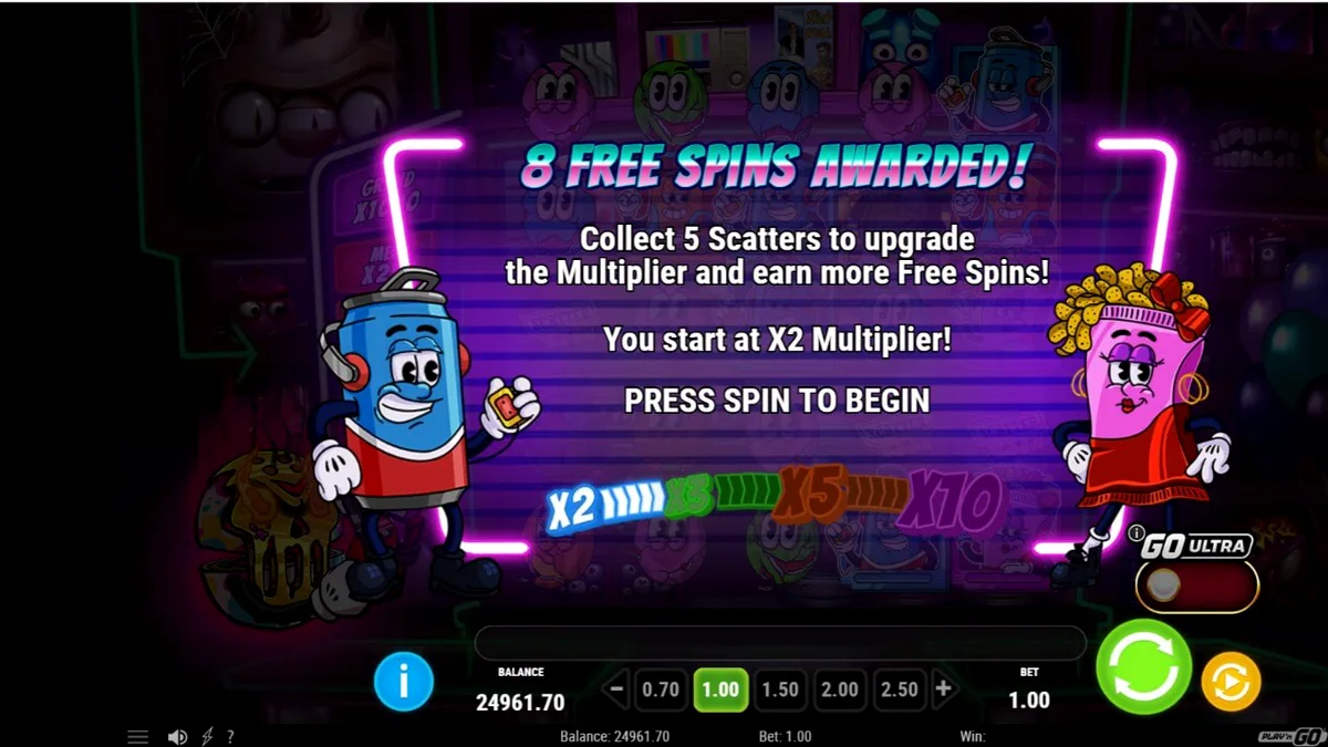 Tampilan visual neon retro dari slot Treats of Terror 2 dengan elemen horor kartun.